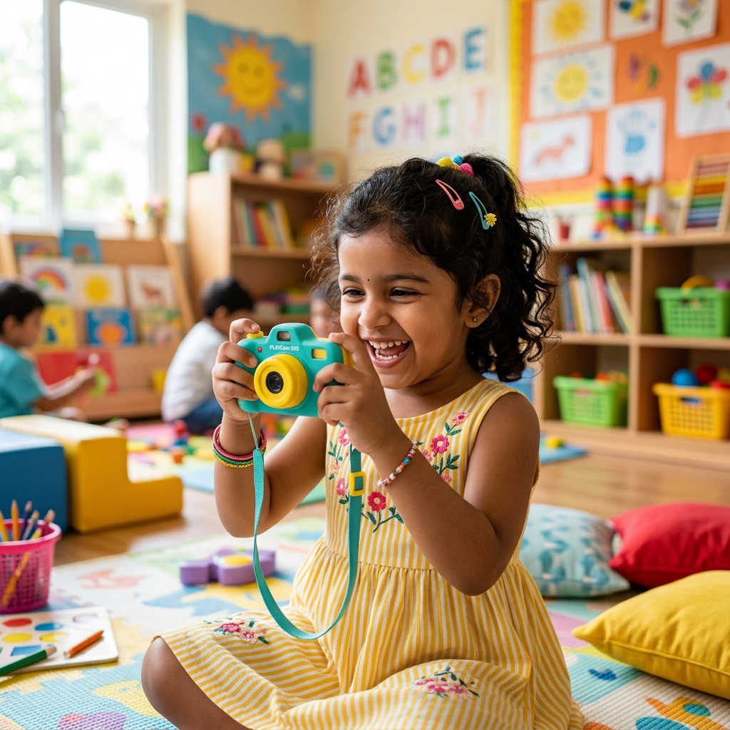 Happy Indian child holding a camera