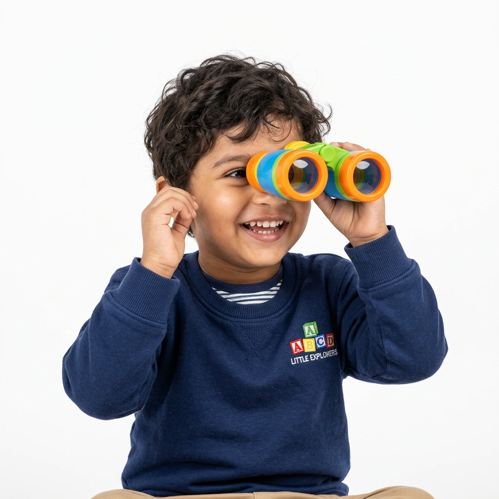 Happy child exploring the future with colorful binoculars